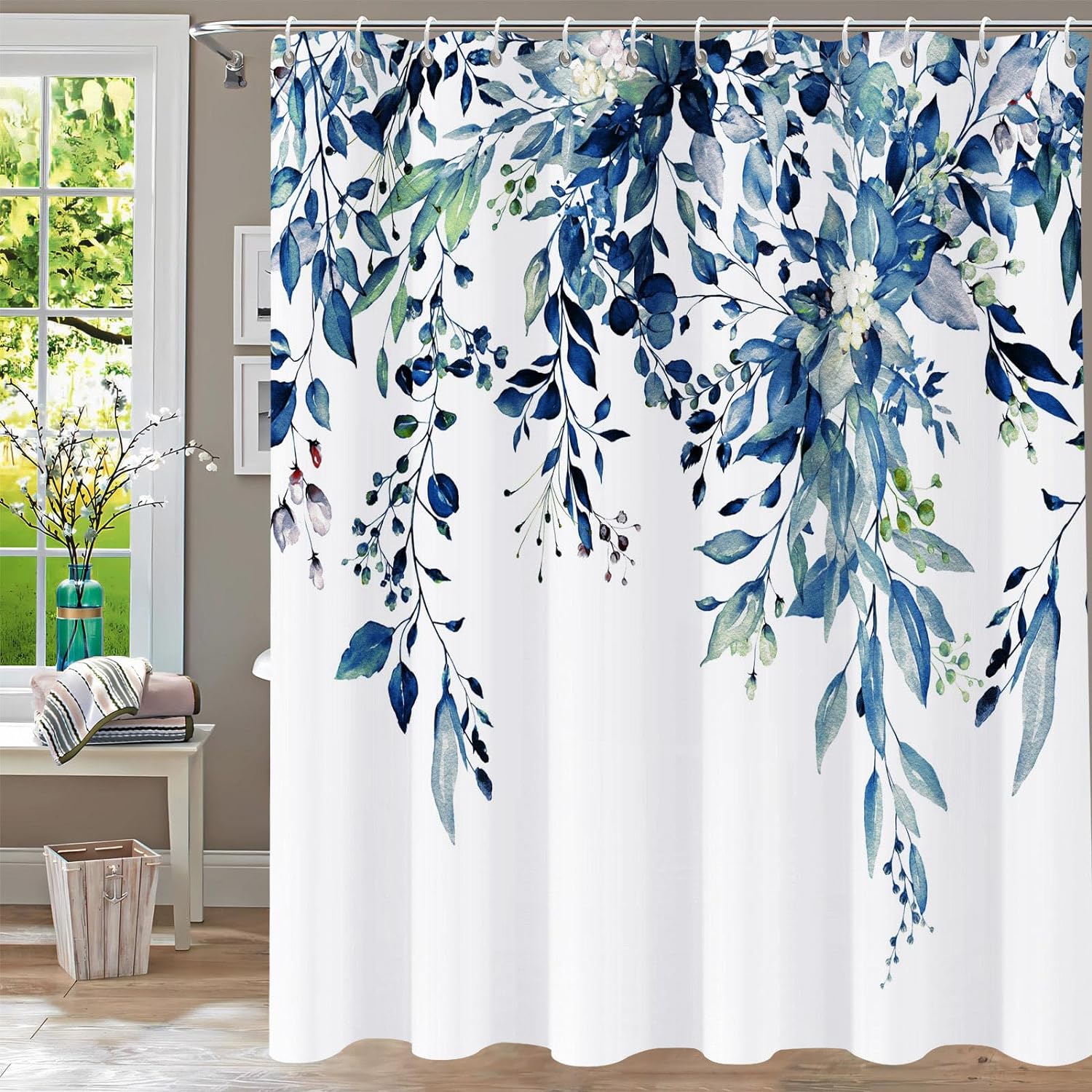 Waterproof Eucalyptus Leaf Shower Curtain Set