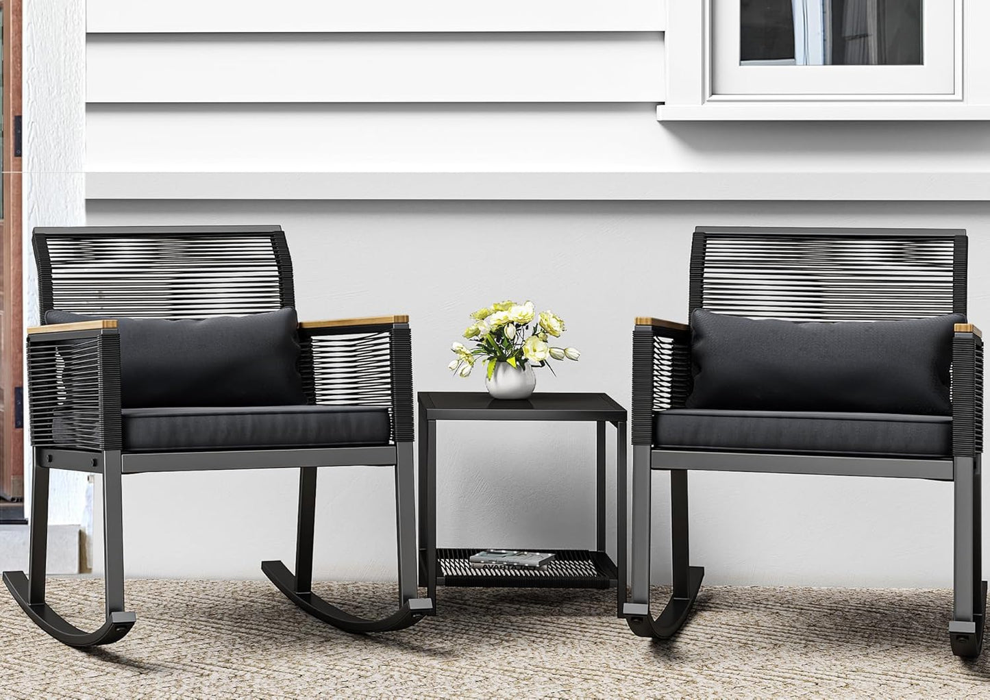 YITAHOME 3-Piece Patio Wicker Rocking Chair Set for Outdoor Use