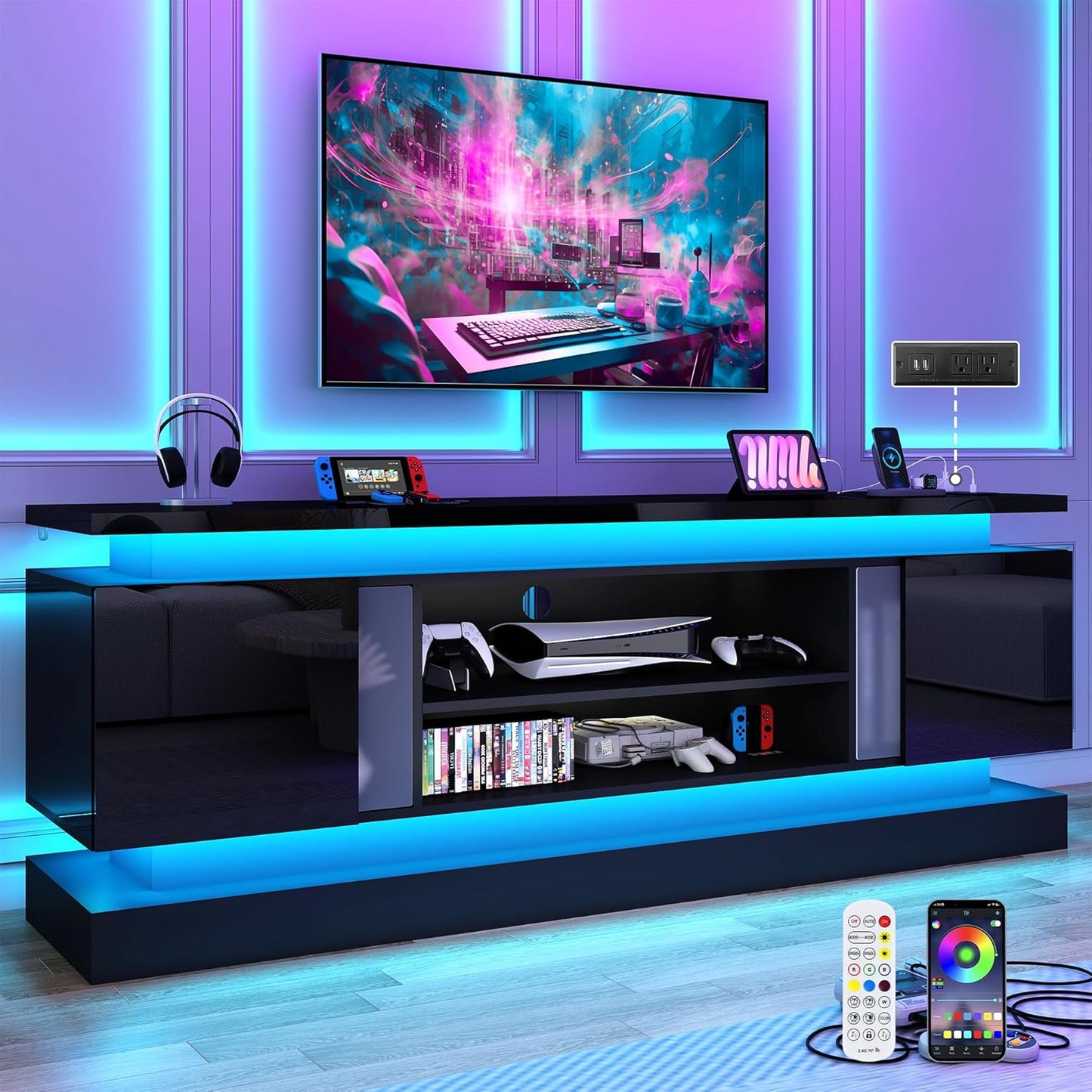 Modern TV Stand w/ Power Outlet & Dual LED Lights