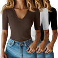 Riyiper Women's Ribbed V Neck Half Sleeve Top - Slim Fit Summer Tee