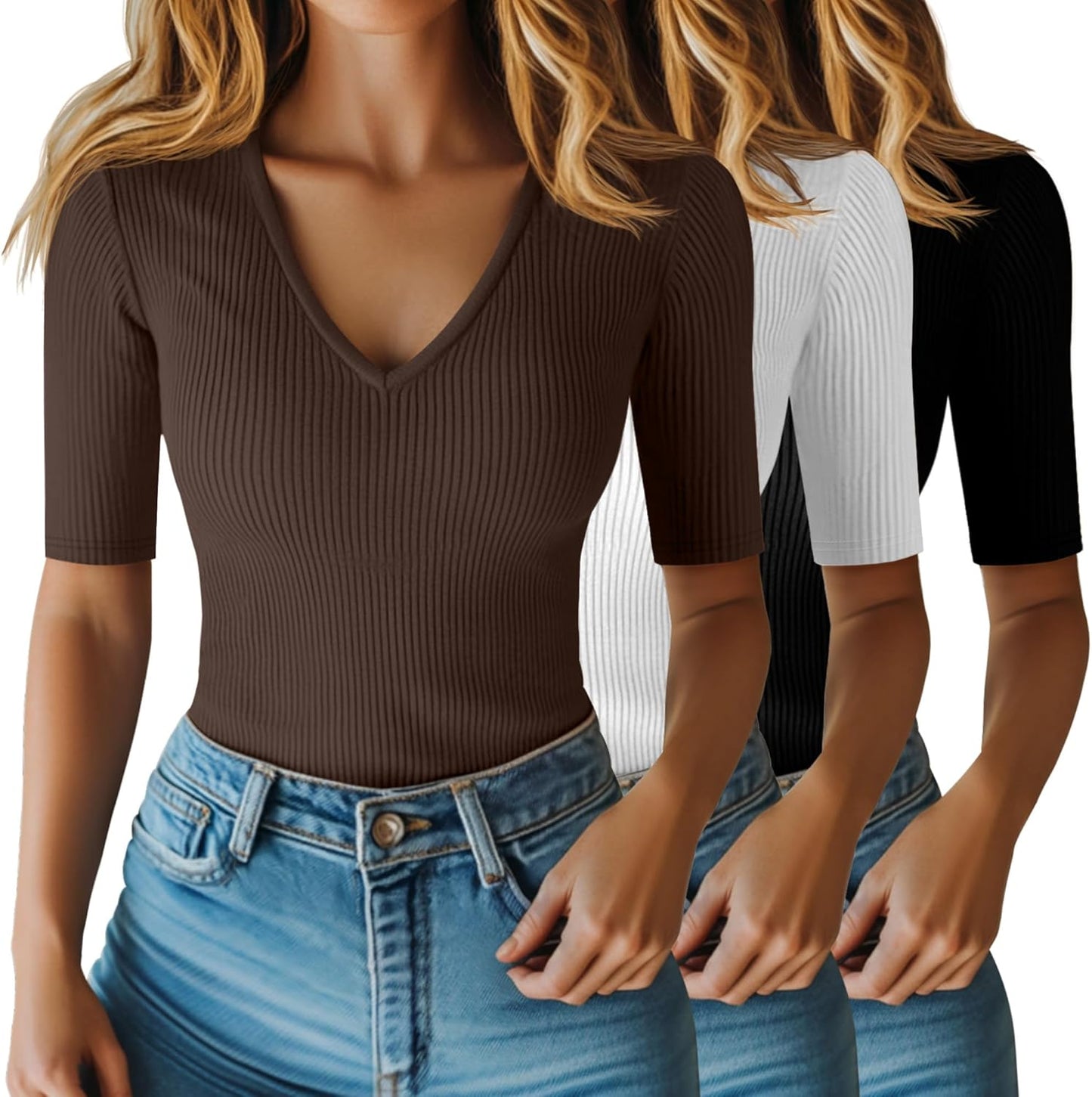 Riyiper Women's Half Sleeve Top V Neck Slim Fit Casual Blouse