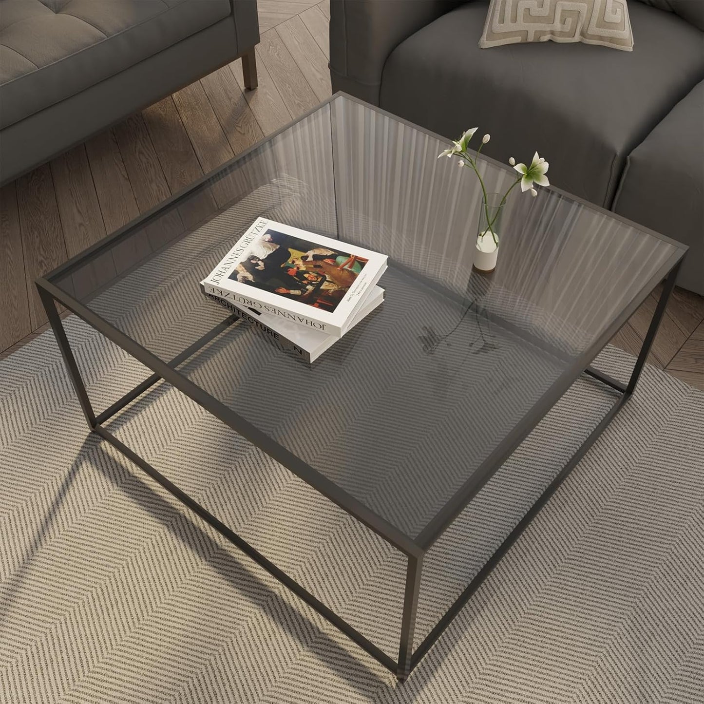 Square Glass Coffee Table for Living Room with Metal Frame