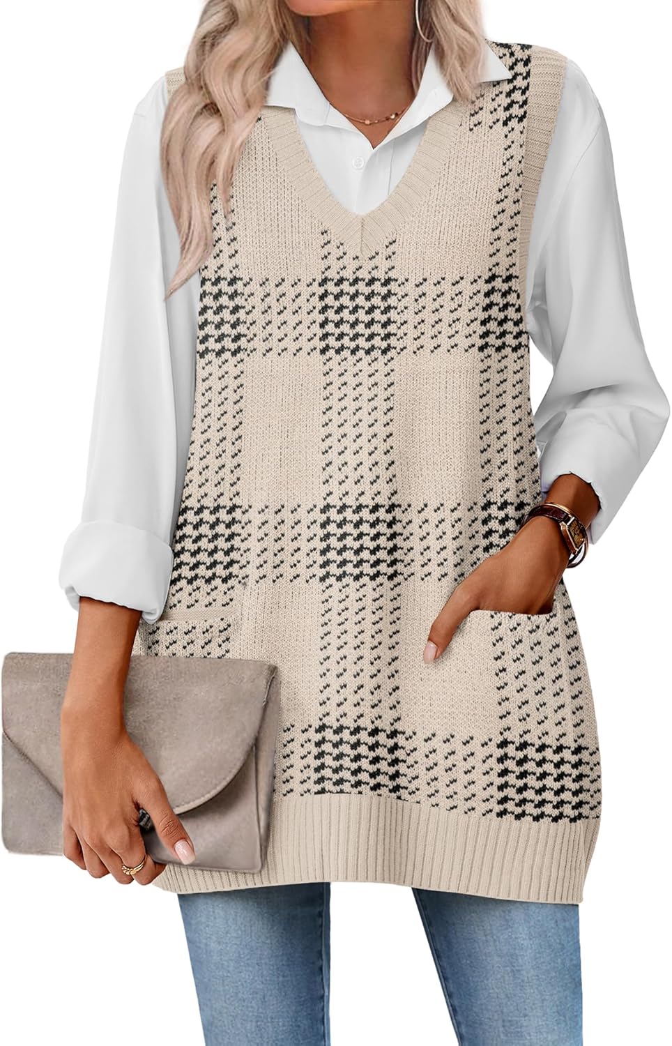 Zeagoo Women's Sweater Vest 2025 Oversized V Neck with Pockets