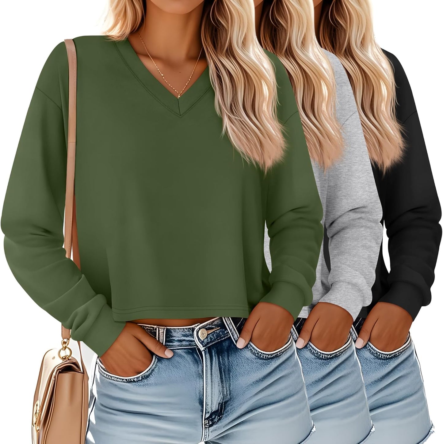 Ficerd 3 Pack Women's Crop Long Sleeve Tops for Casual Style