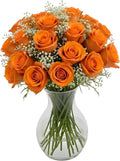 18 Orange Roses + Baby's Breath in Glass Vase - Fresh Long-Lasting