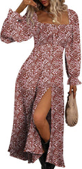 Womens Casual Square Neck Long Sleeve Boho Floral Midi Dress