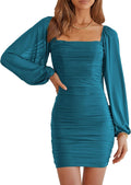 Women Elegant Square Neck Lantern Sleeve Ruched Mini Dress - Mesh