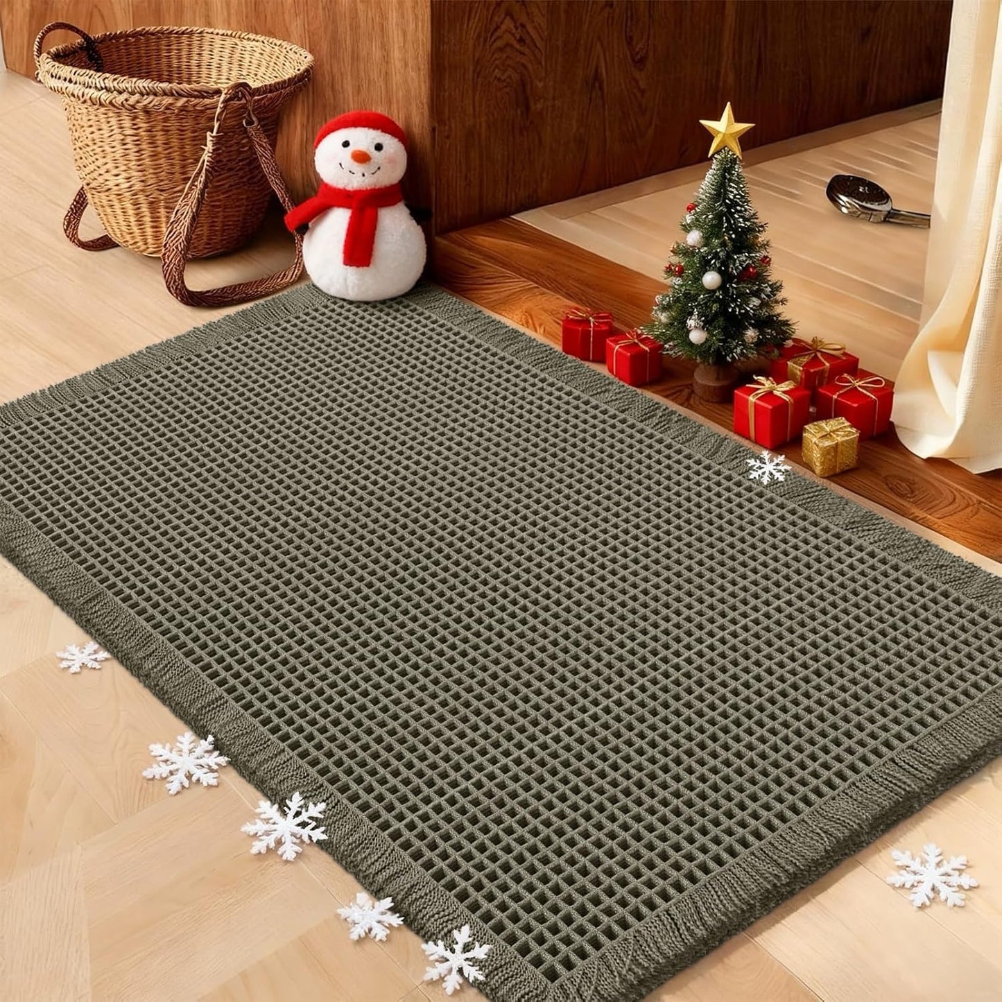 Christmas Waffle Bath Mat Greyish Green for Modern Bathrooms