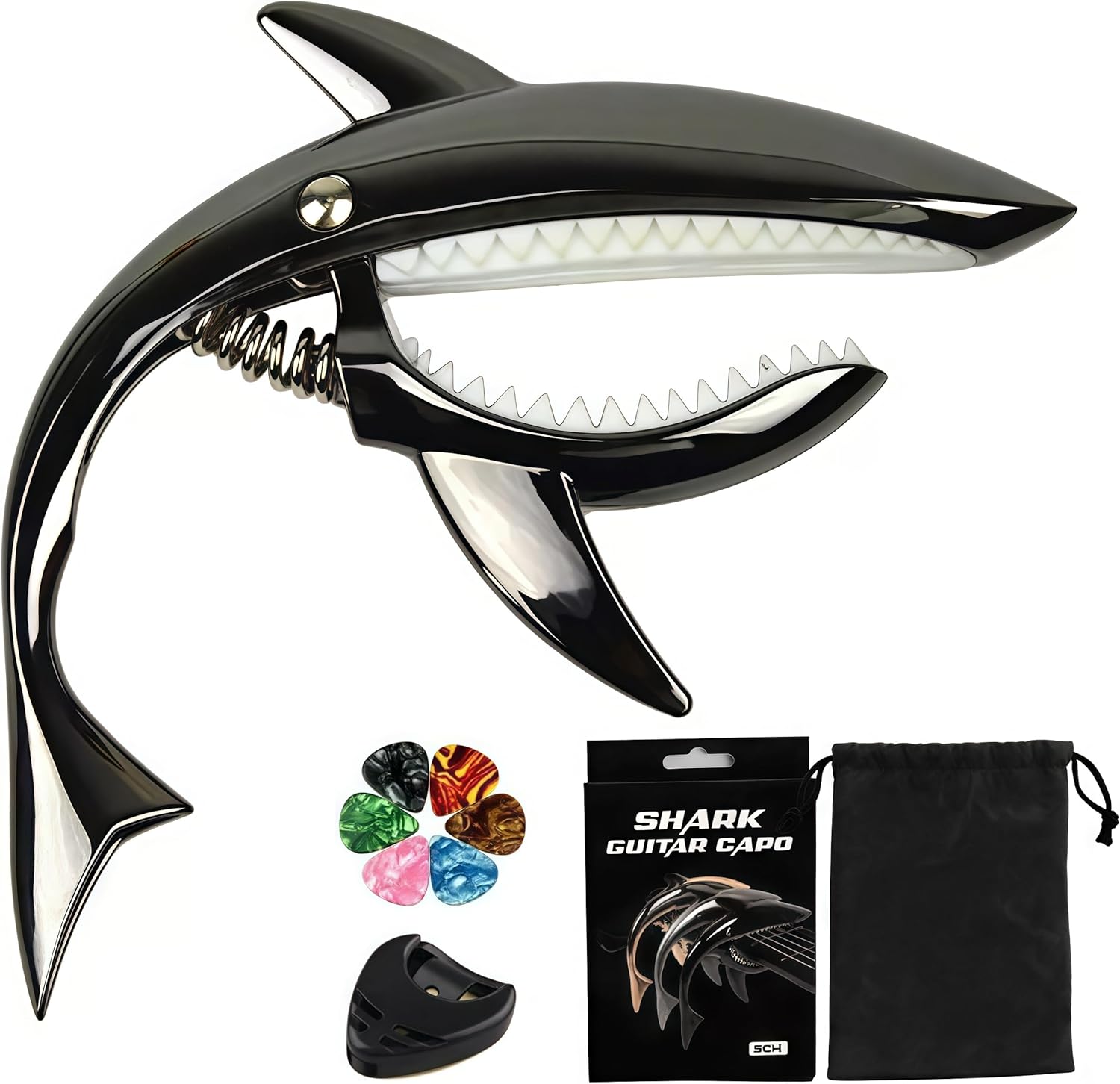 LinnWell Shark Guitar Capo - Premium Zinc Alloy, 6 Picks Included!