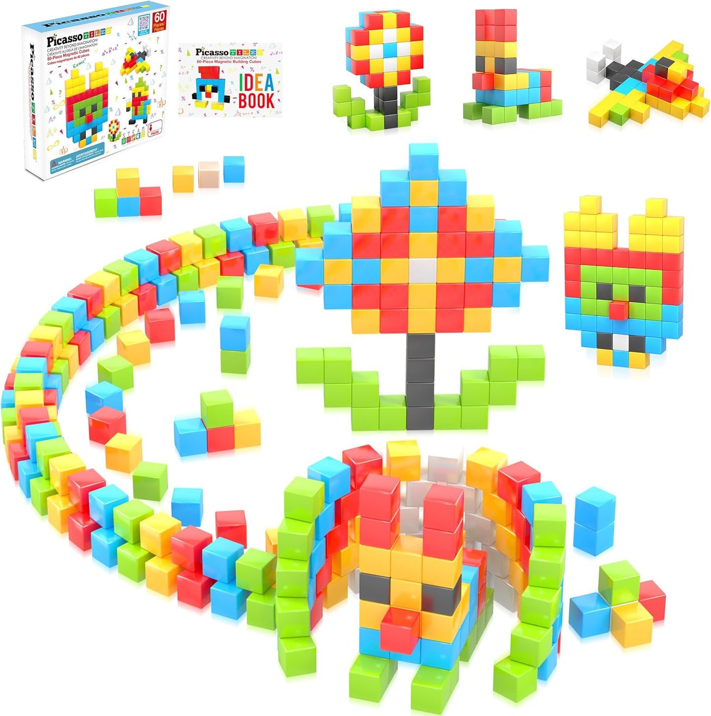 PicassoTiles 60pc Magnetic Puzzle Cube Building Set for Kids
