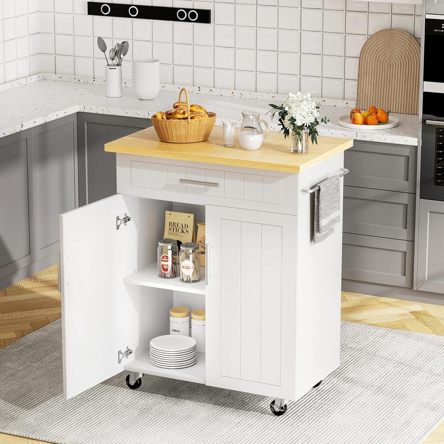 Portable Kitchen Island Cart with Storage - White