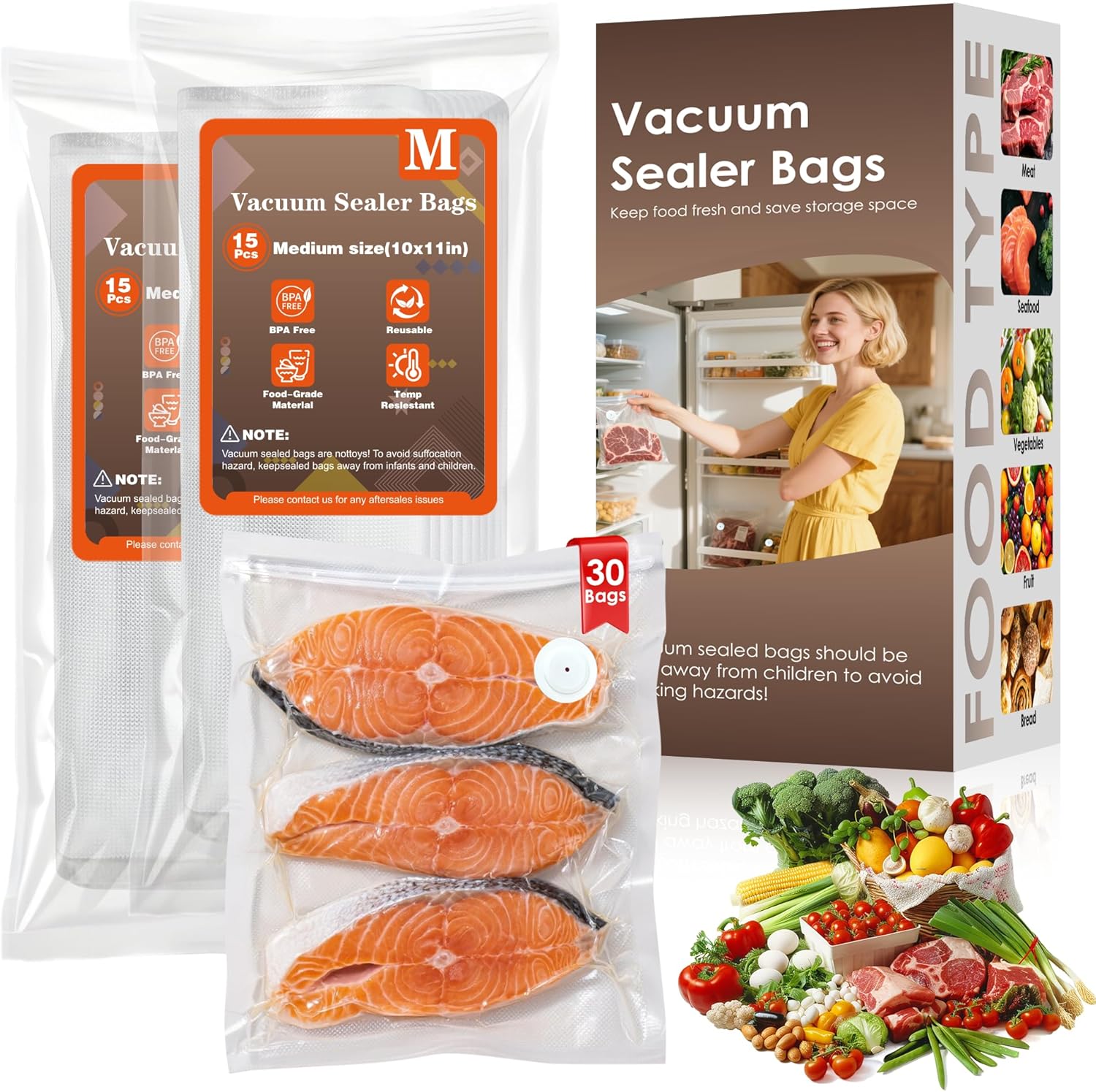 Elxis Reusable Vacuum Sealer Bags for Food - 30 Medium Bags