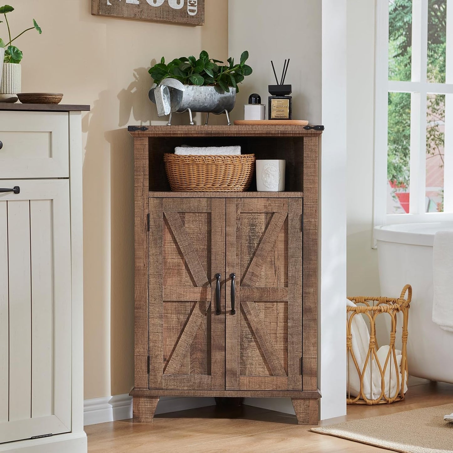 Corner Bathroom Cabinet with Barn Door & Adjustable Shelf