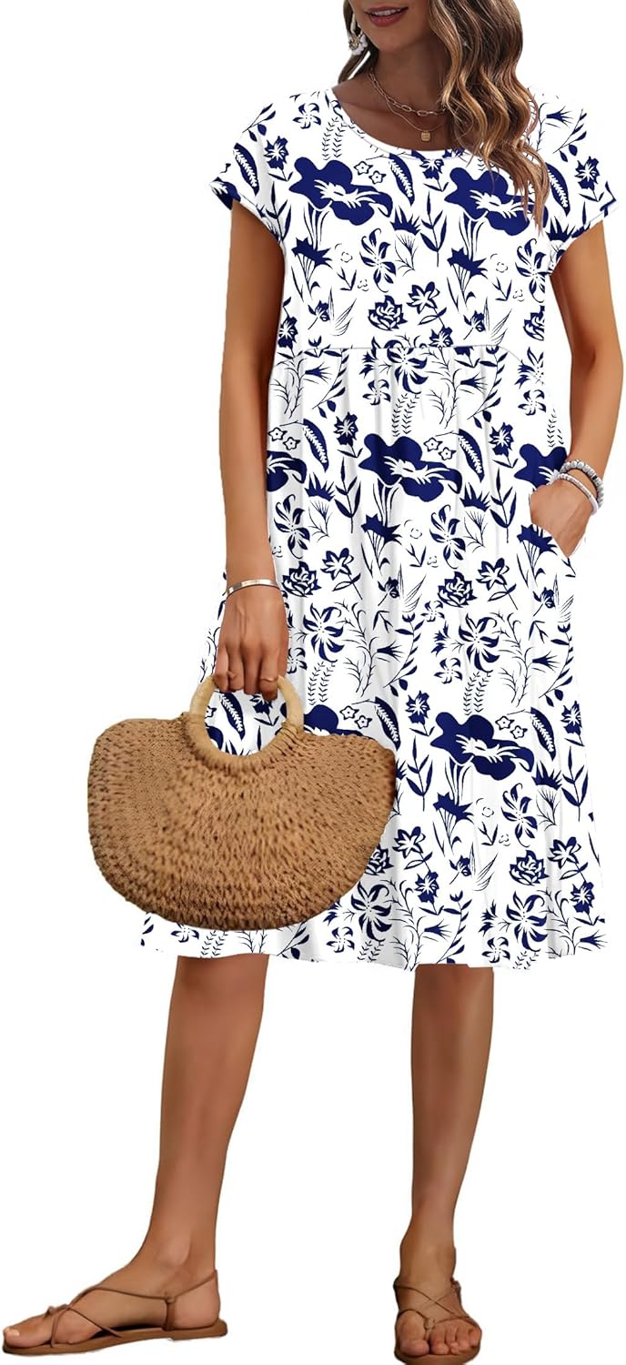 AUSELILY Women's Summer Short Sleeve Knee-Length Dress with Pockets