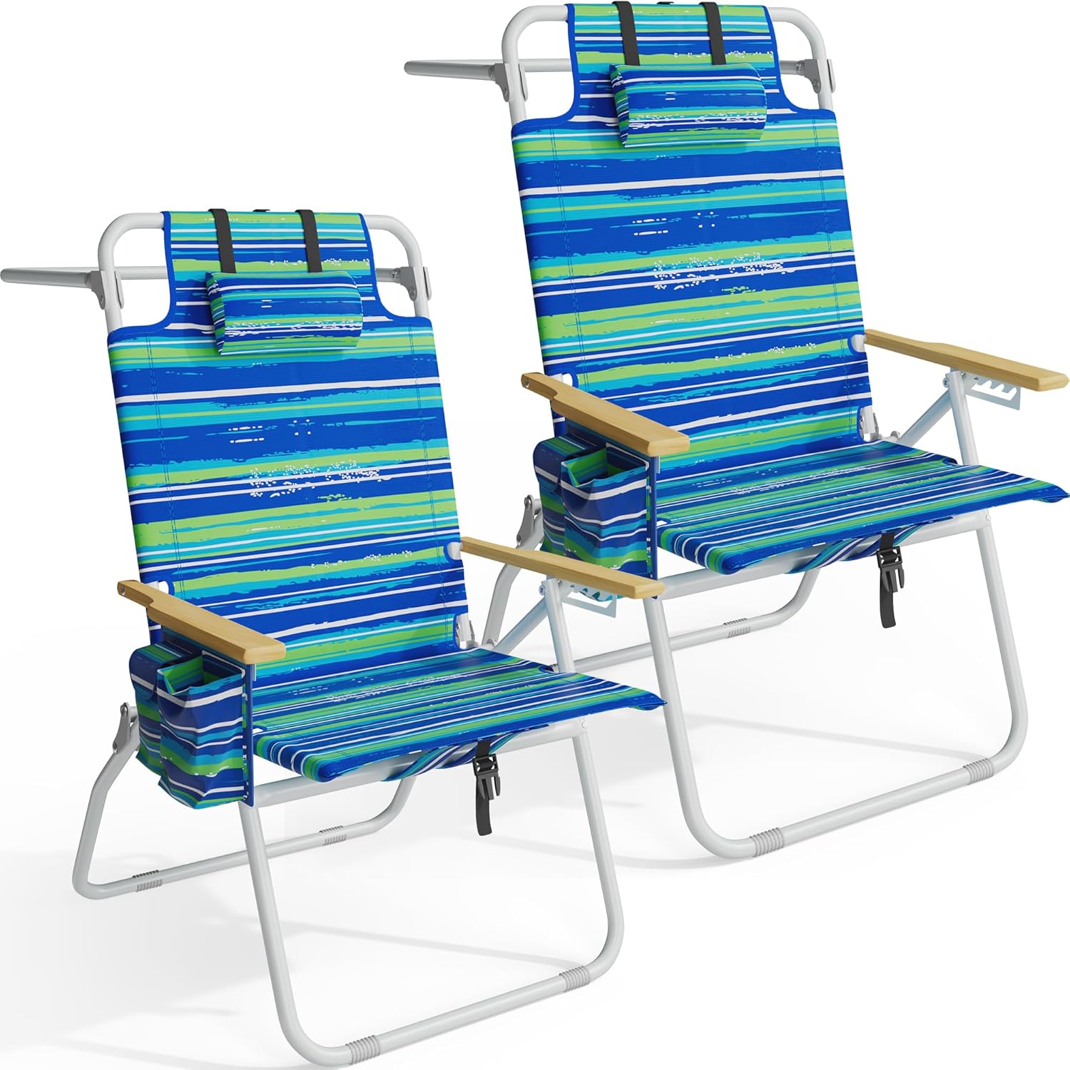 Tall Beach Chairs for Adults with Wooden Armrests and Cooler