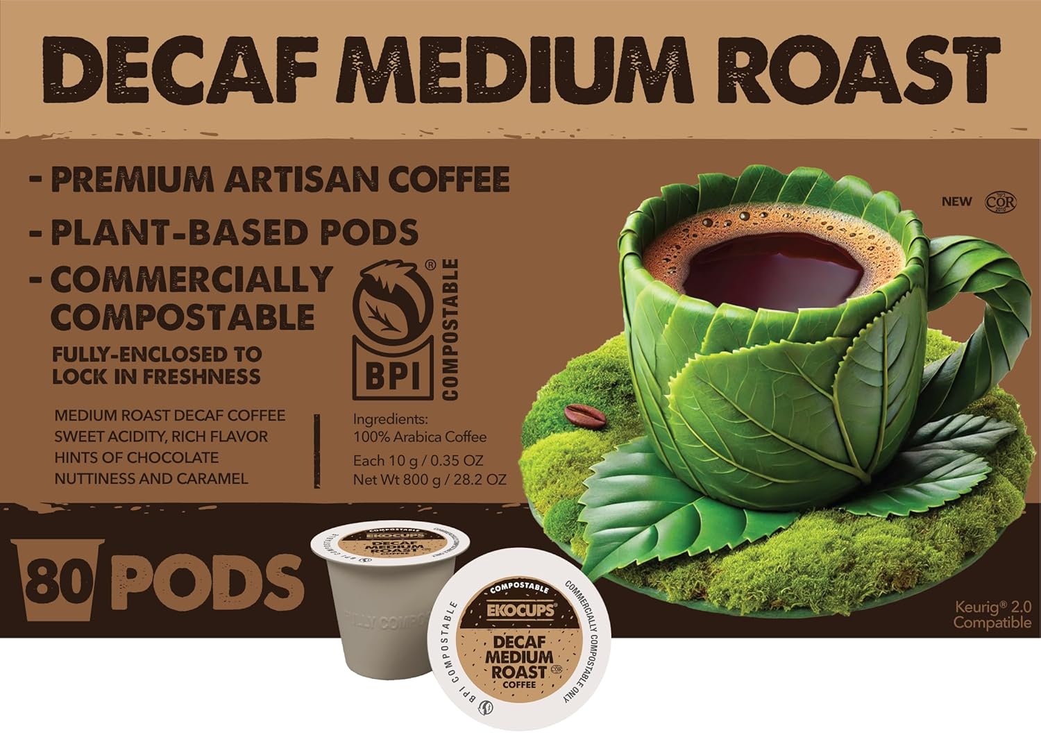 Ekocups Decaf Medium Roast Coffee Pods for Freshness-Sealed Brew