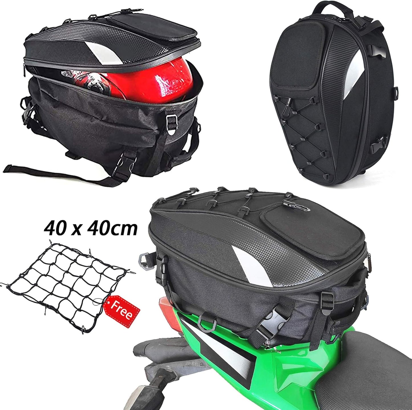 Motorcycle Tail Bag - Waterproof Helmet Bag with Cargo Net
