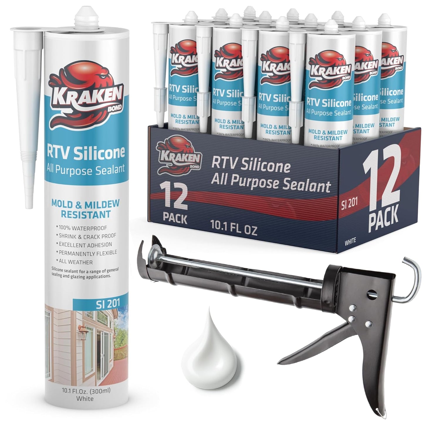 Kraken Bond White Silicone Sealant - Waterproof Caulk for All Uses