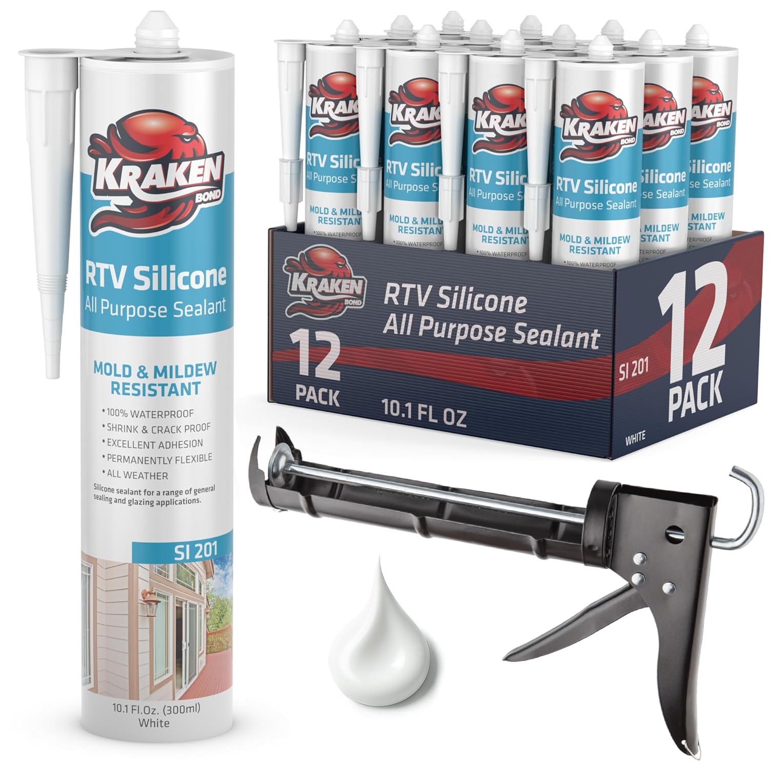 Kraken Bond White Silicone Sealant - Waterproof Caulk for All Uses