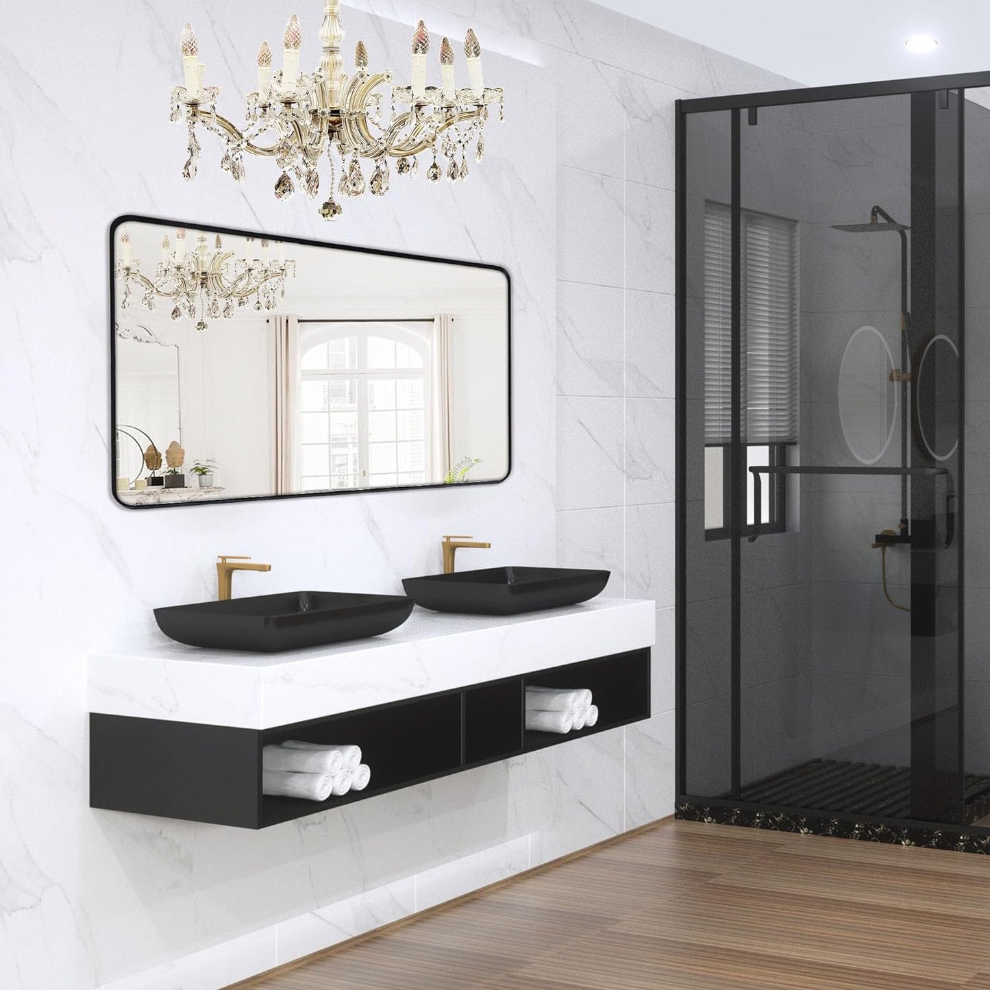 Wall Mount Mirror for Bathroom with Brushed Black Metal Frame