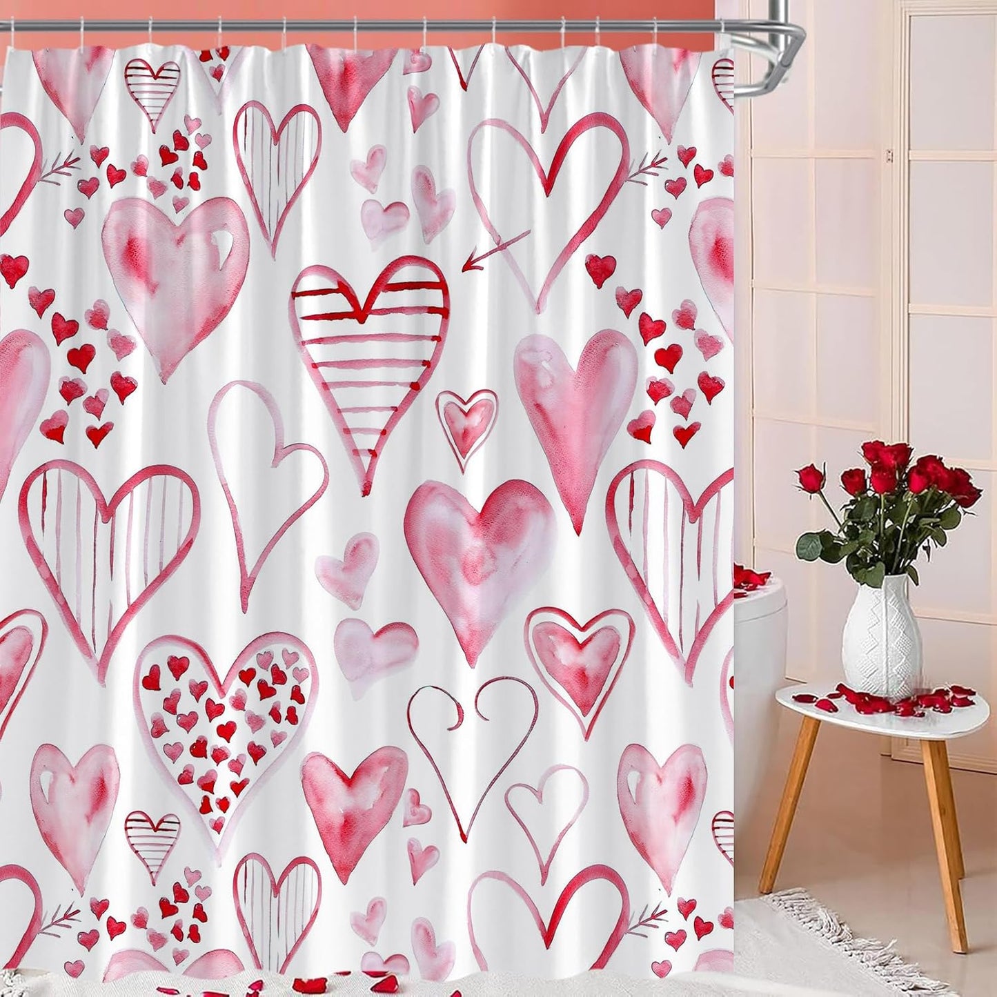 Romantic Pink Heart Shower Curtain with Hooks