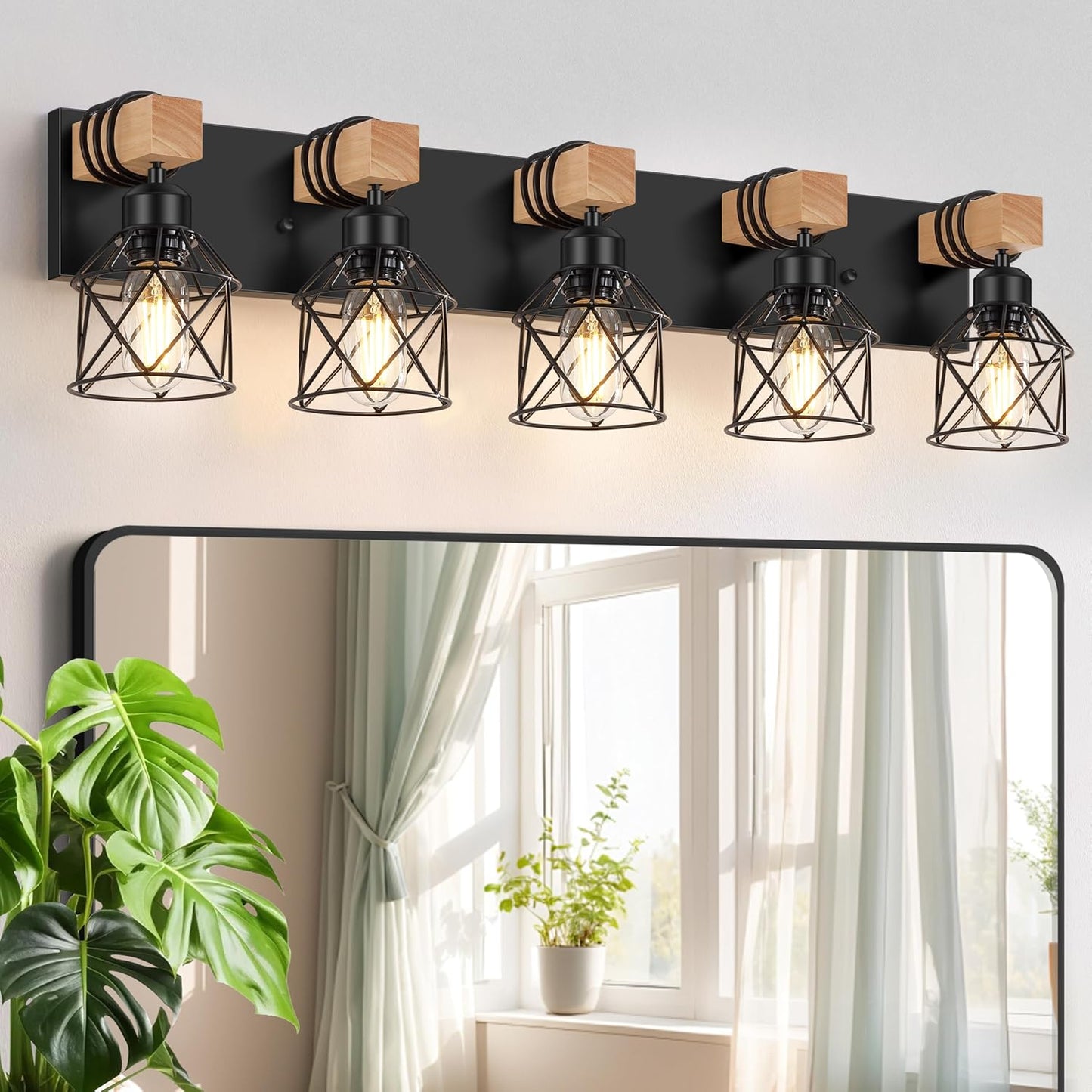 5-Light Wooden Black Bathroom Vanity Wall Sconces Rustic Style