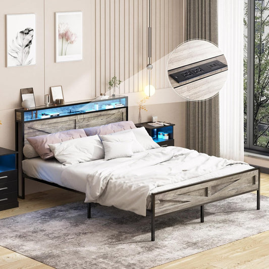 LED King Size Bed Frame with Charging Station and Storage