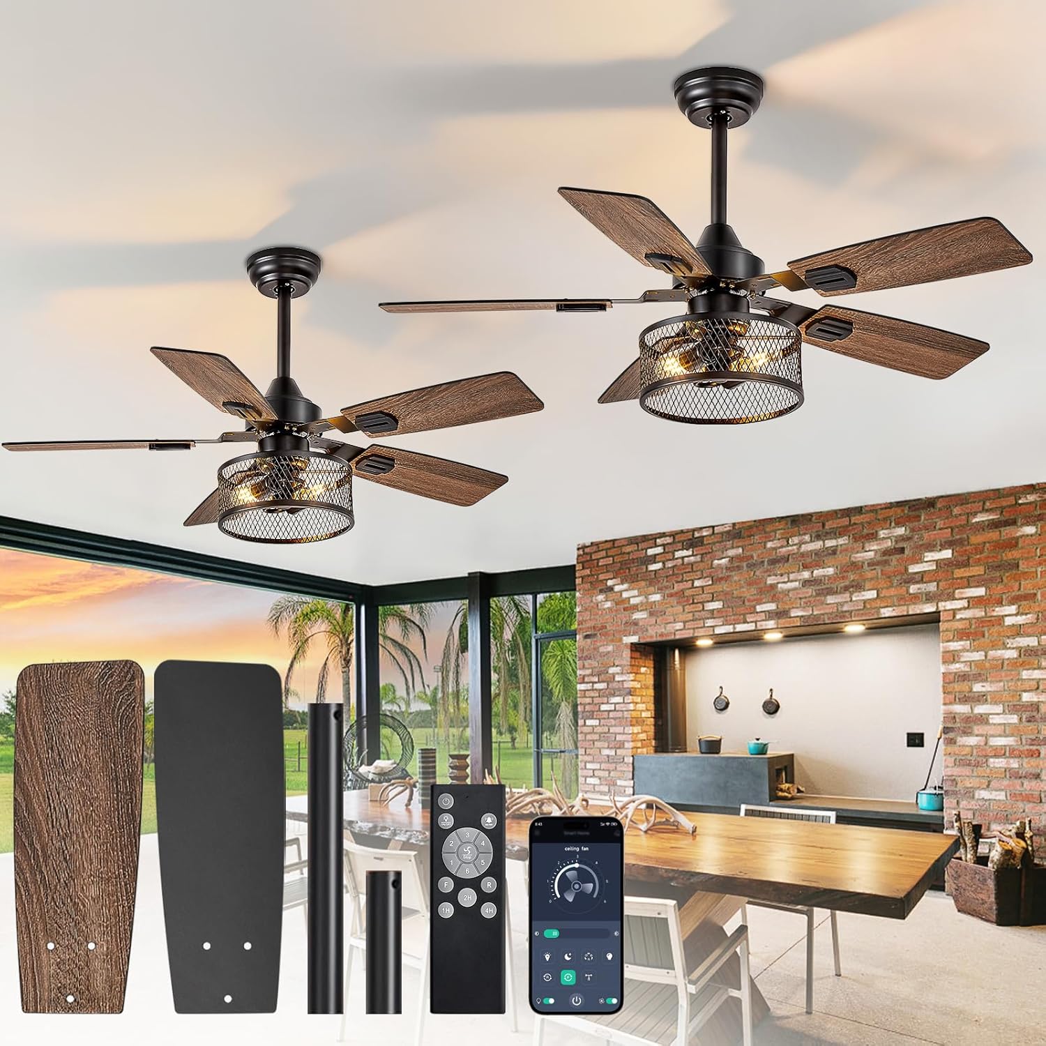 42in Black Caged Ceiling Fan with Lights and Remote Control