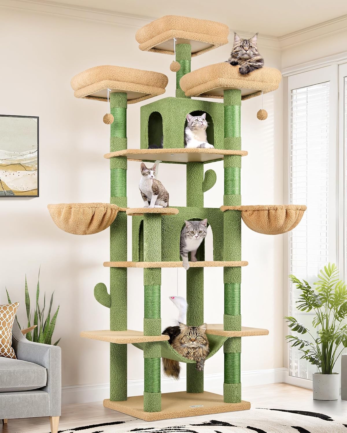 Big Cactus Cat Tower for Indoor Cats - 80in Multi-Level Tree