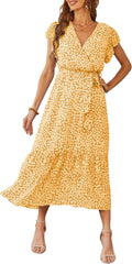 Women's Summer Floral Boho Maxi Dress Wrap V Neck - Flowy Summer