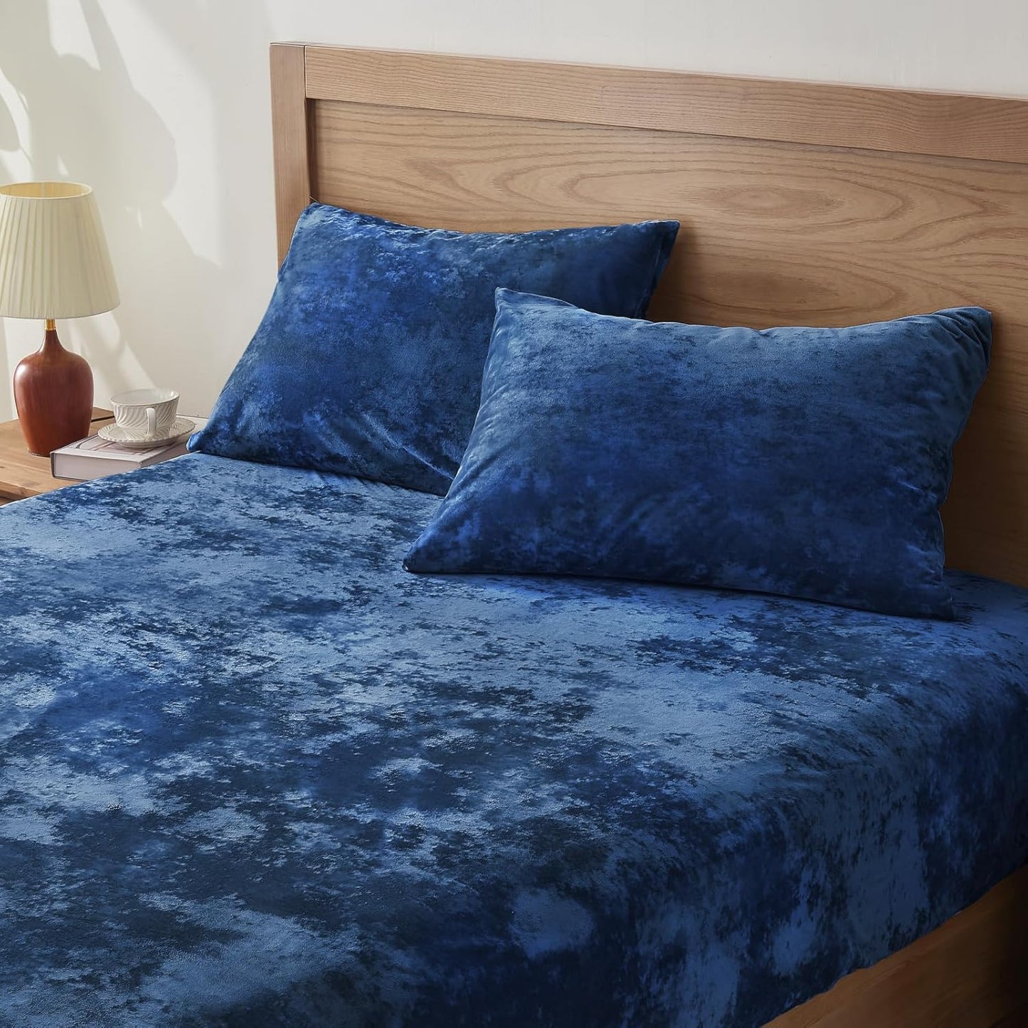 BEDELITE Velvet Fitted Sheet Set for Cal King, Navy Blue Luxury