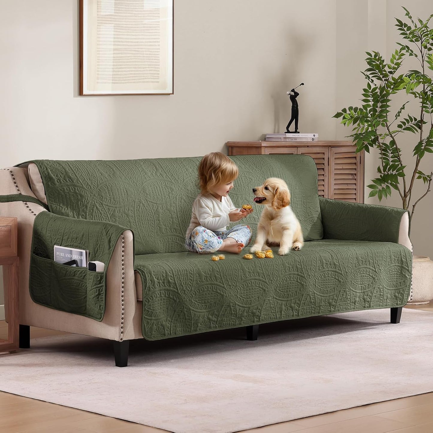 Olive Green Quilted Couch Cover for Extra-Large Sofa Protection