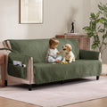 Quilted Olive Green Sofa Slipcover with Pockets - Large 68 in