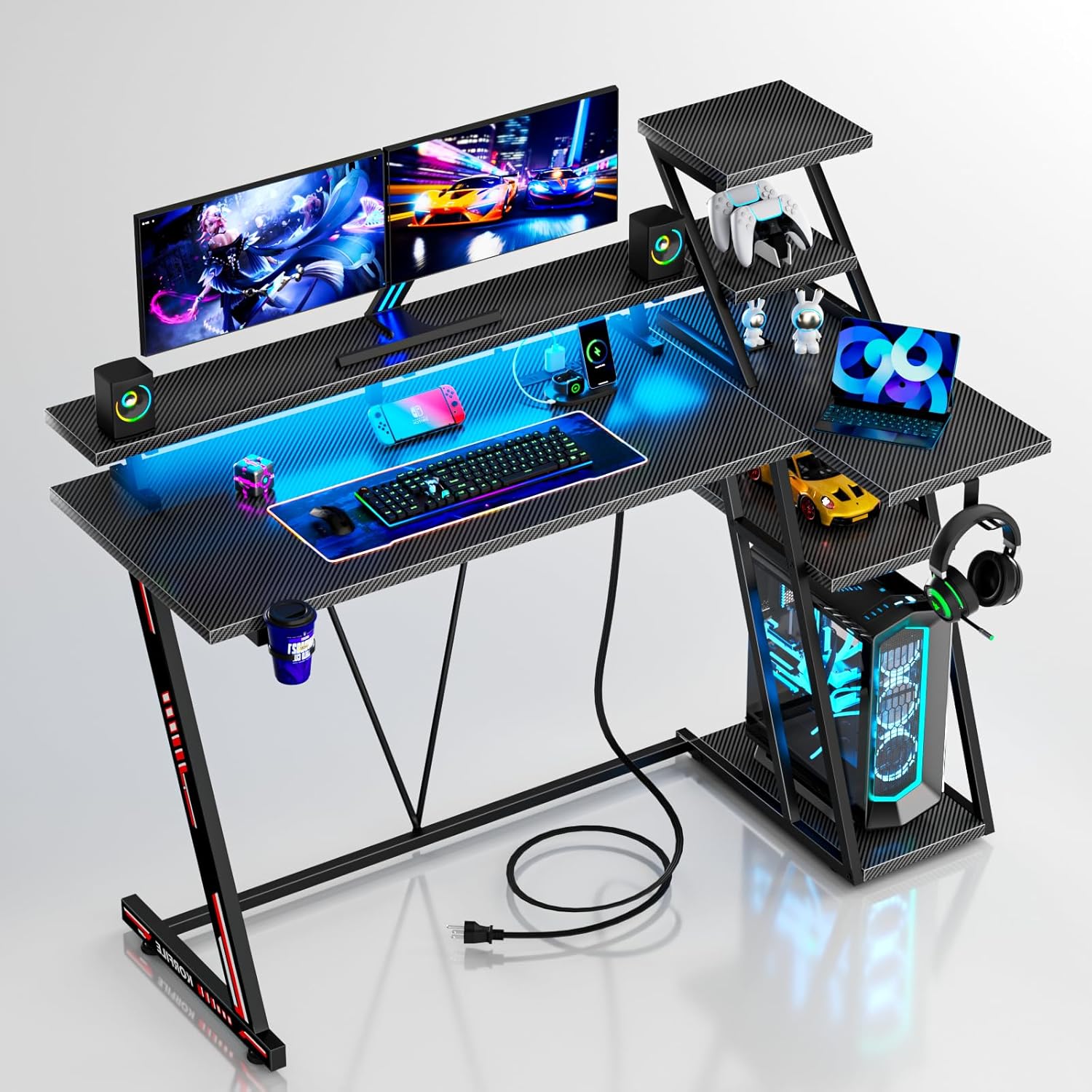 Compact Gamer's Corner Desk with LED Lights & Storage, Carbon Black