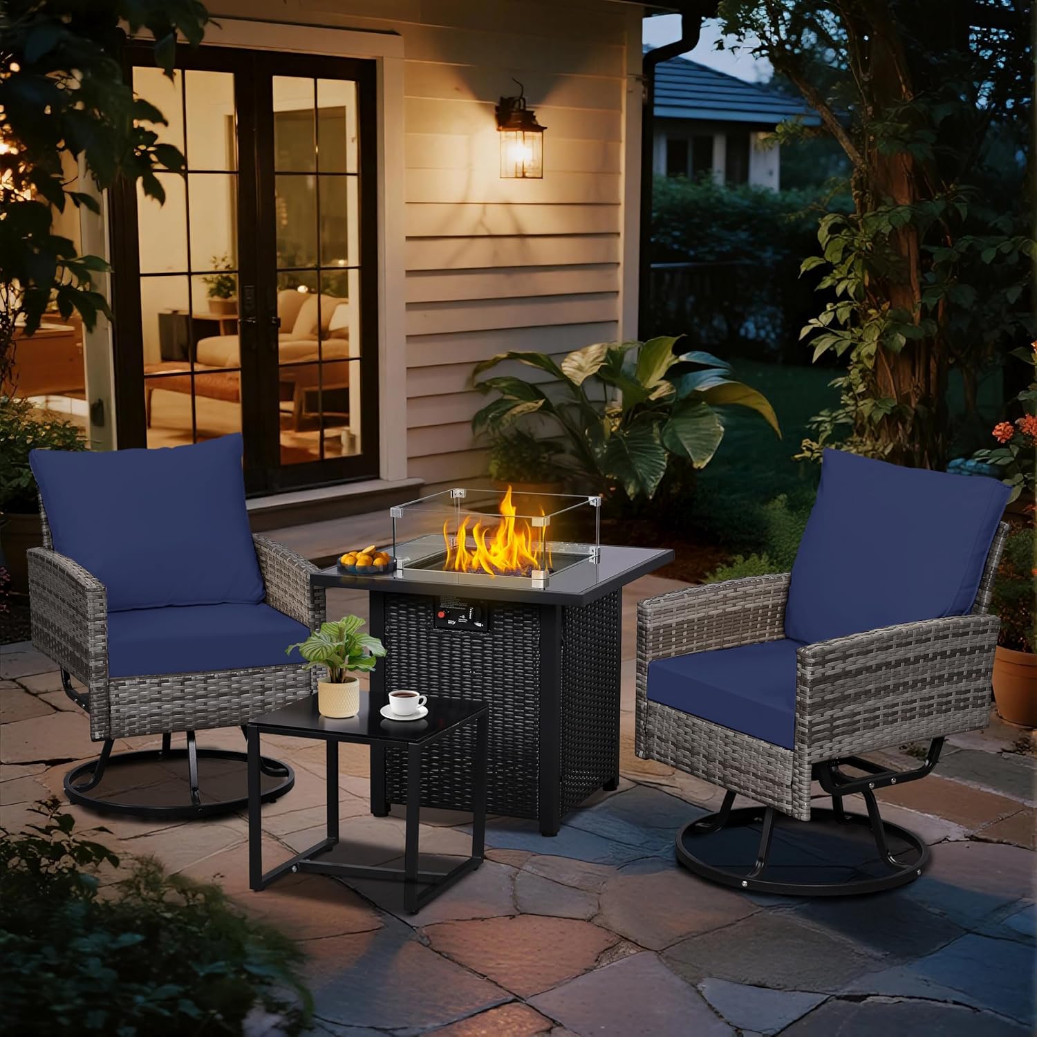 4 Pieces Patio Set with 28 Propane Fire Pit Table for Outdoors