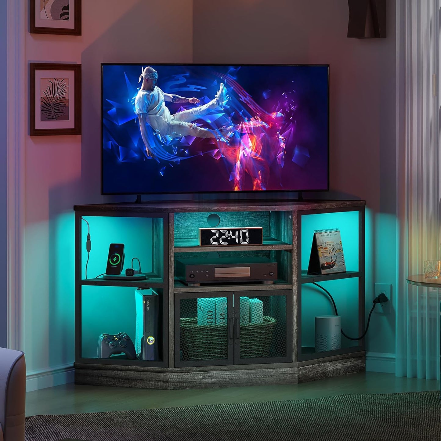 DWVO Corner TV Stand with LED Light Strip - Space Saving Entertainment Solution 