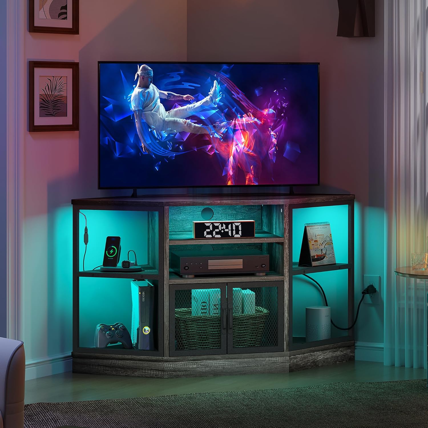 DWVO Corner TV Stand with LED Light Strip - Space Saving Entertainment Solution 