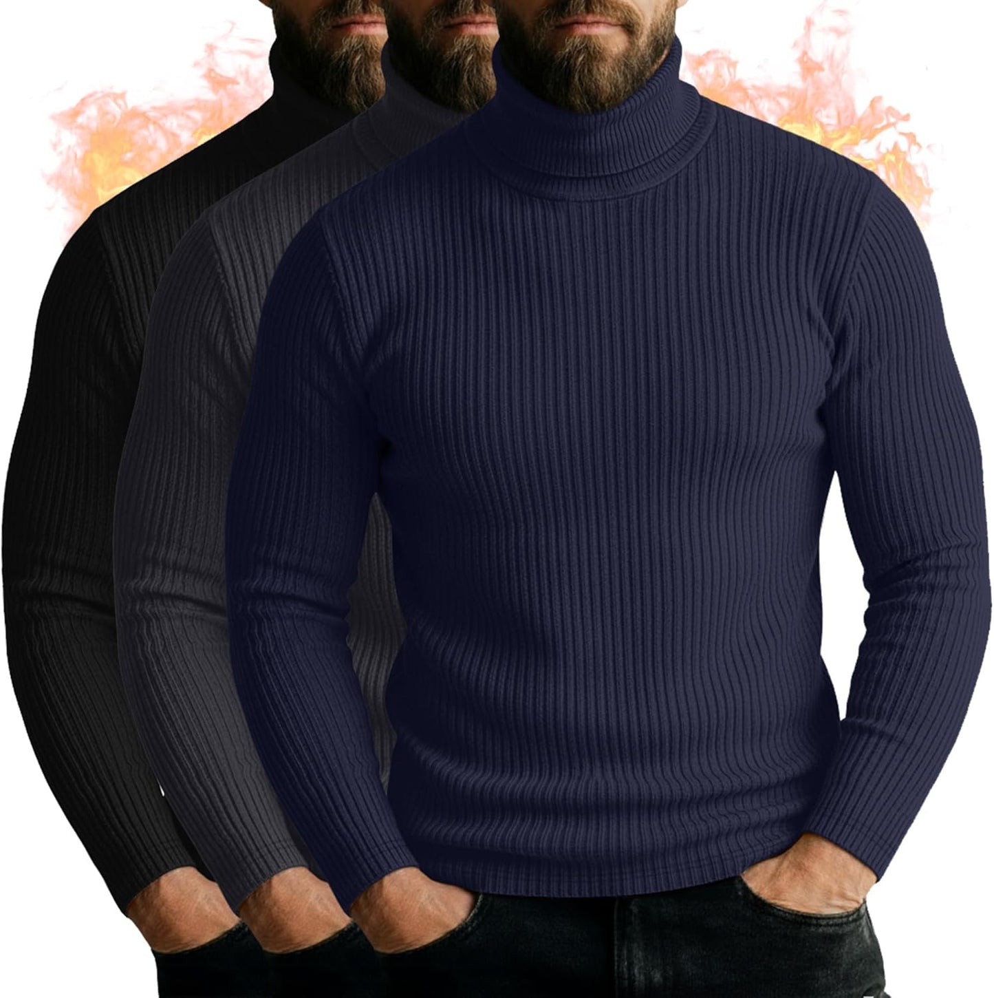 Men's Turtleneck Long Sleeve Shirts - 3 Pack Casual Knit Tops