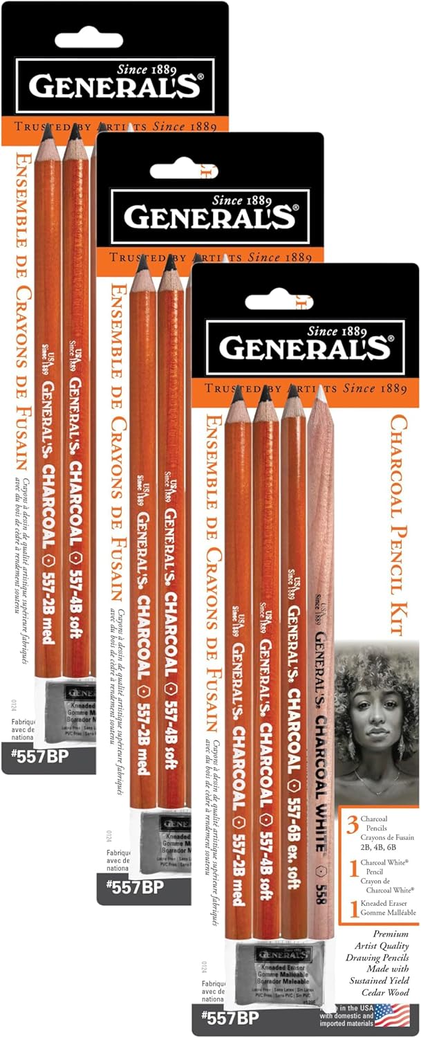 GENERAL'S Charcoal Drawing Set for Artists and Students - 3 Pack