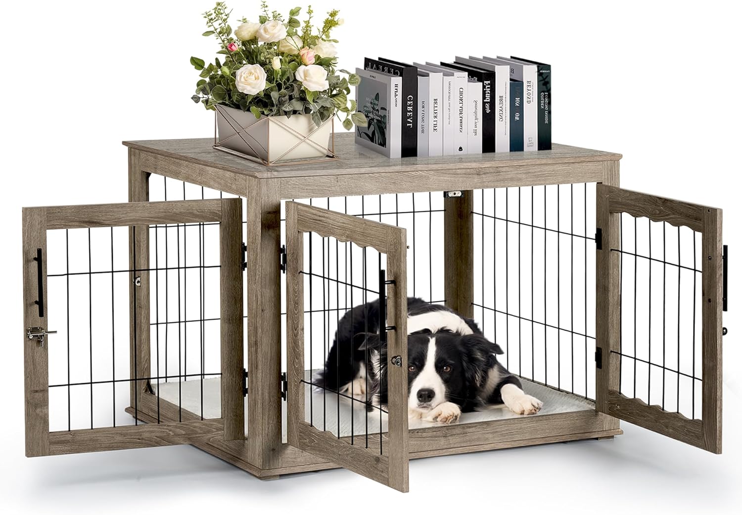 Elegant 38 inch Dog Crate Furniture with Bed Mat and 3 Doors