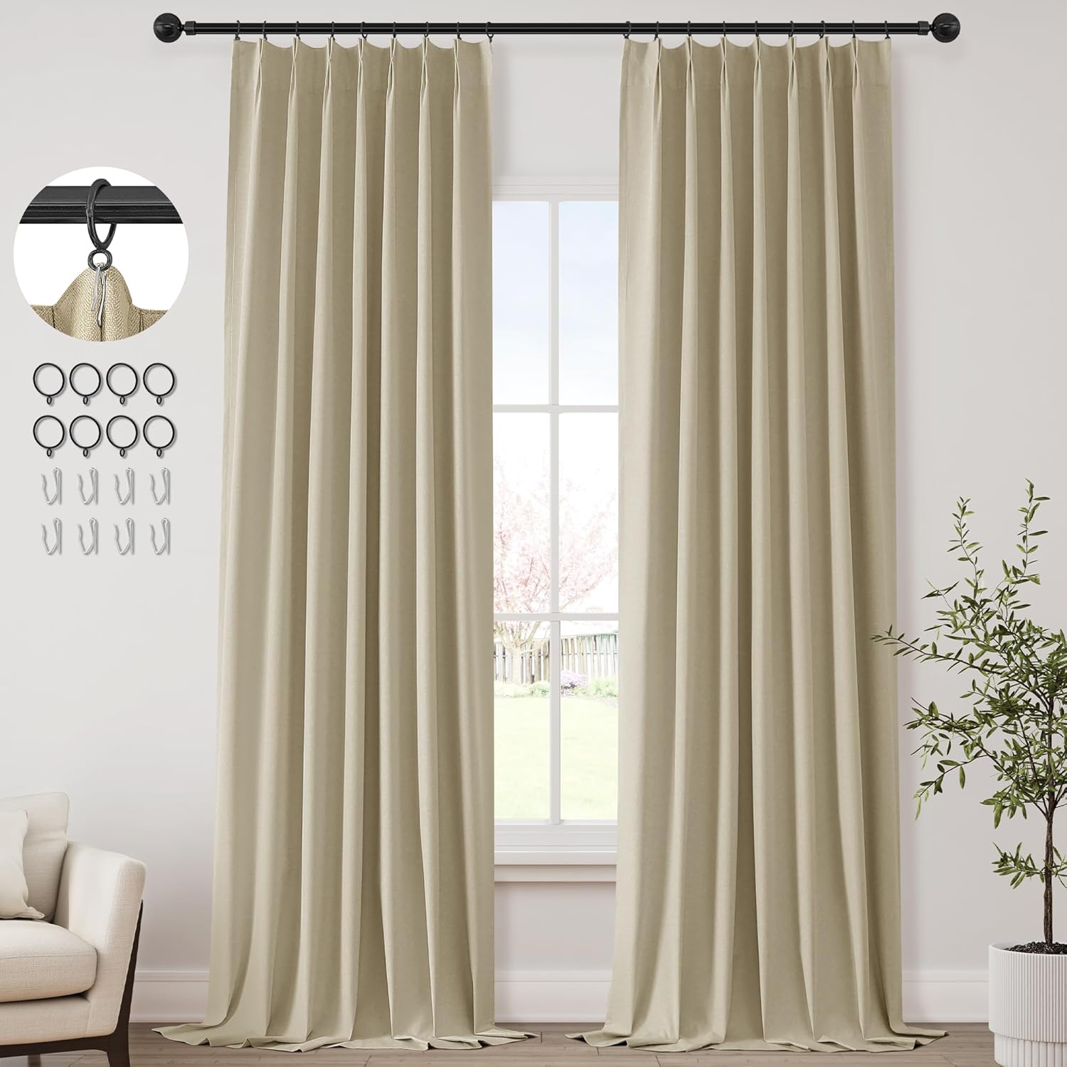 ChrisDowa Greyish Beige Pinch Pleated Blackout Curtains 102 in