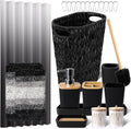 Black Bathroom Accessories Set with Wicker Trash Can and Shower