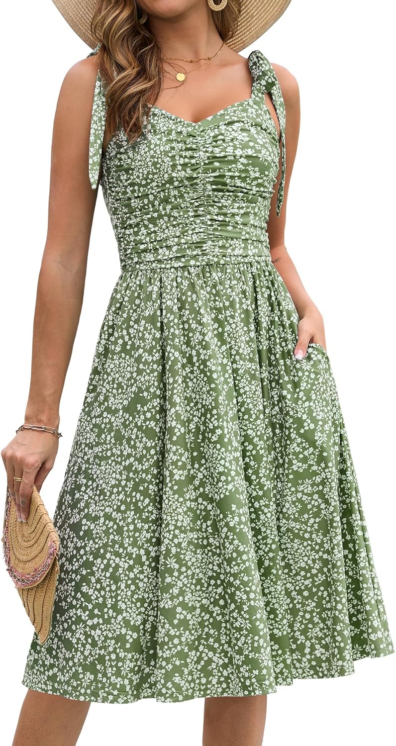 Kranda Women Summer Fall Ruched Midi Dress with Pockets