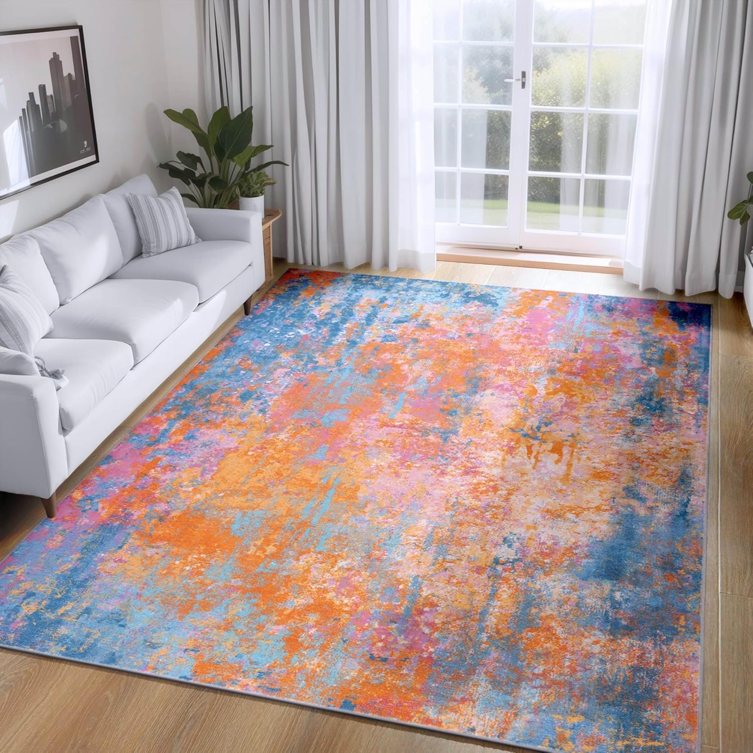 Ompaa 5x7 Rainbow Area Rug - Washable Boho Non Slip Carpet