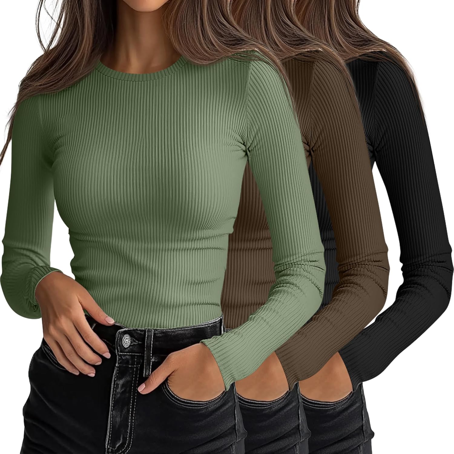 Ficerd Women's Ribbed Long Sleeve Tops for Casual Layering