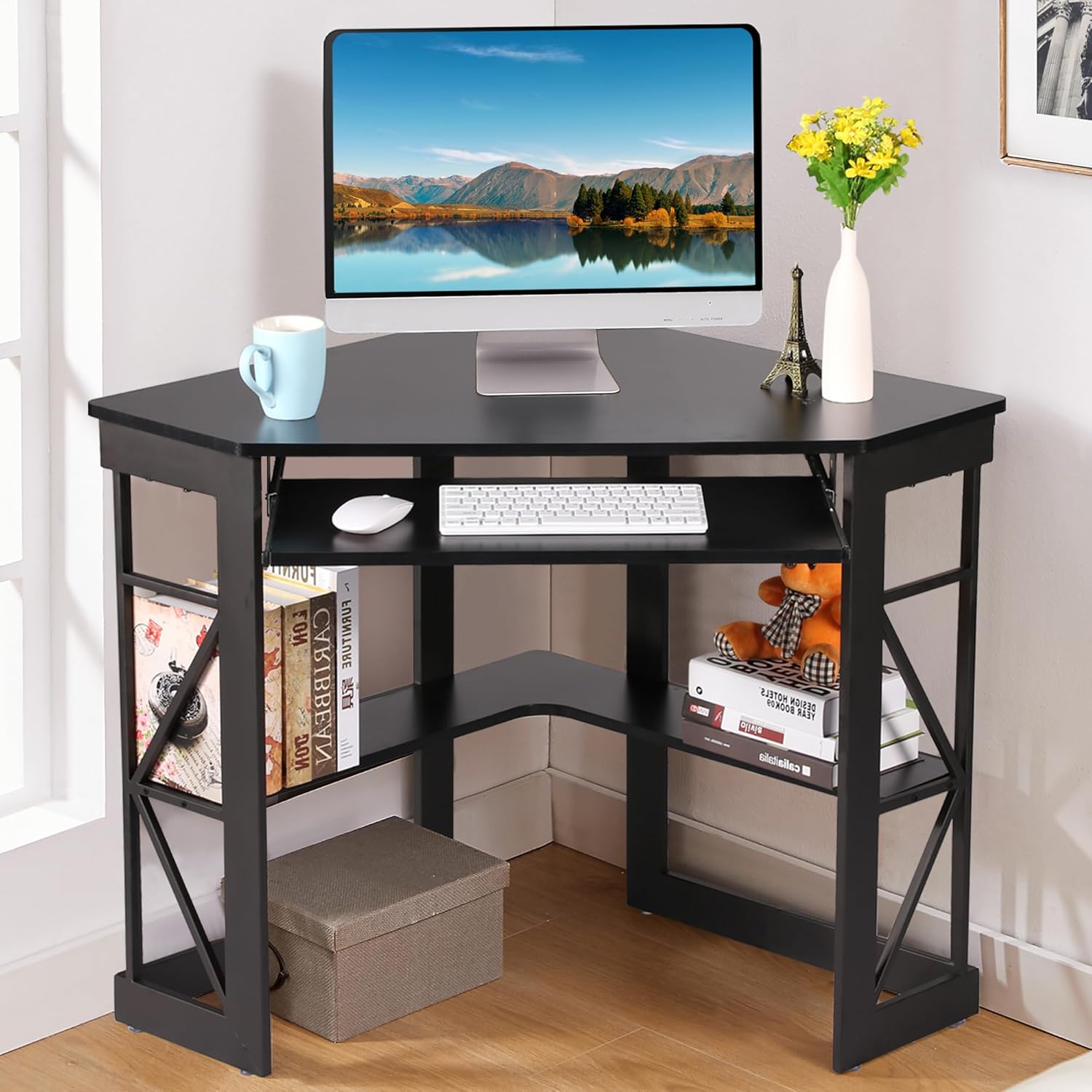 Space-Saving Triangle Desk with Keyboard Tray