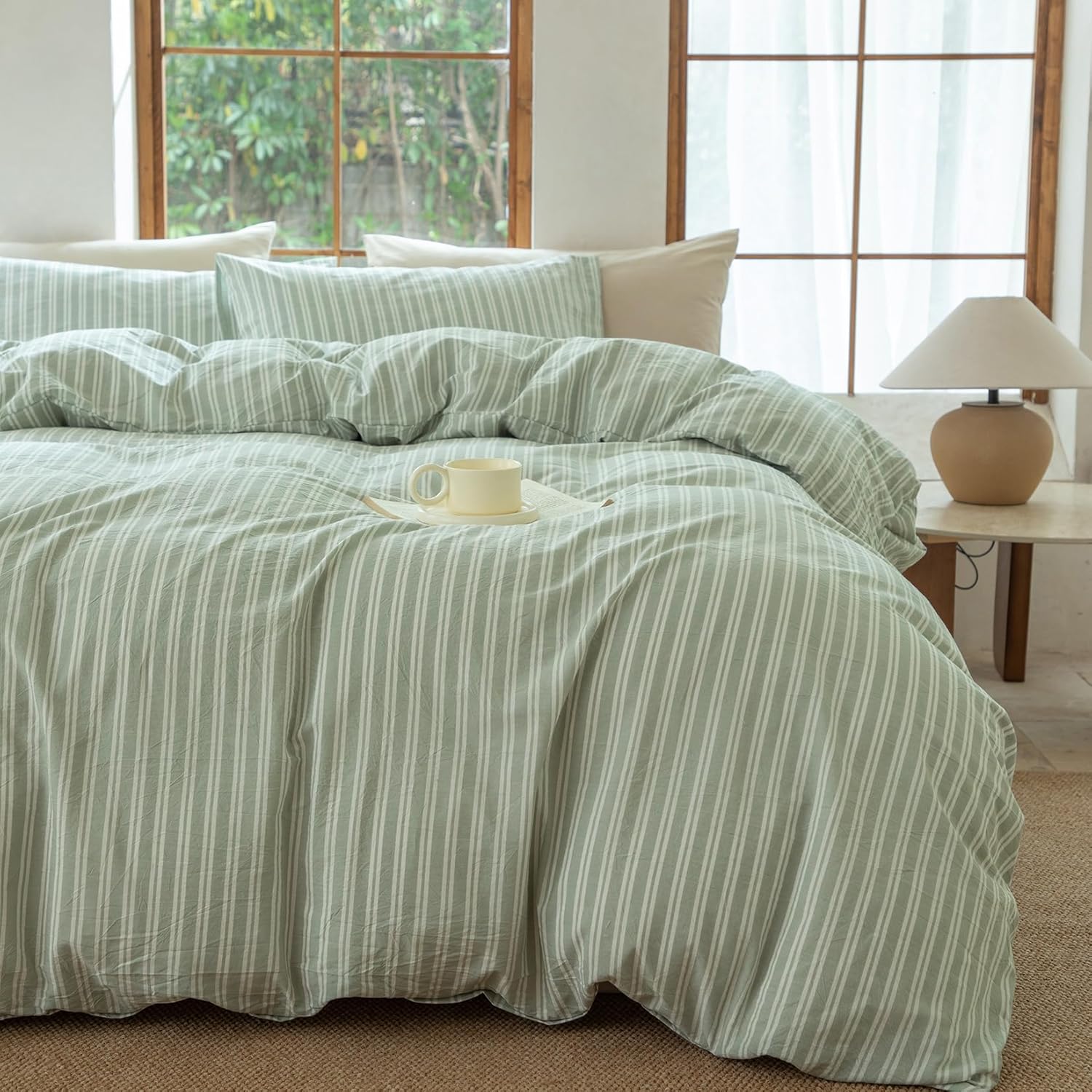 Sage Green and White Striped Duvet Cover Set for Full Size Beds