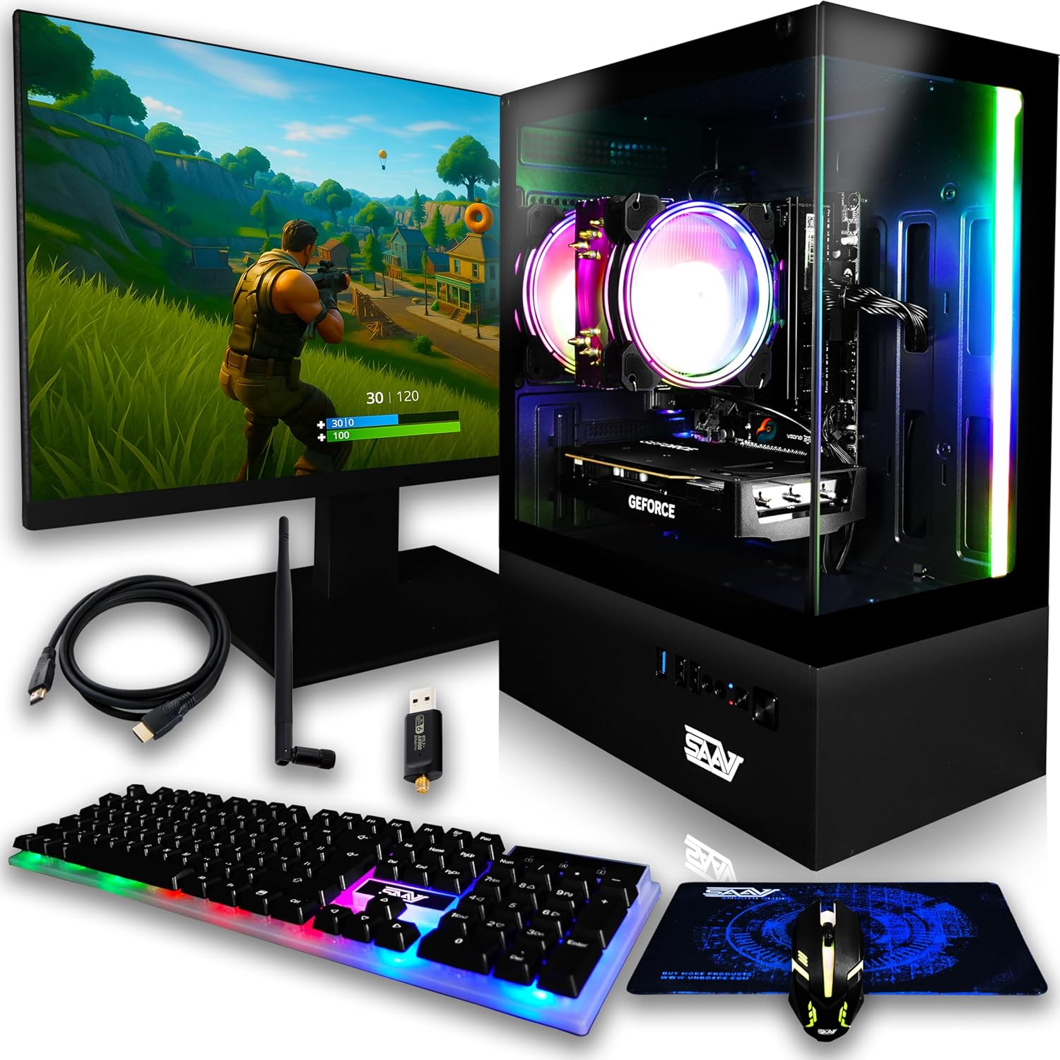 SAAV X1 Prebuilt Gaming PC Bundle with 22in Monitor and More