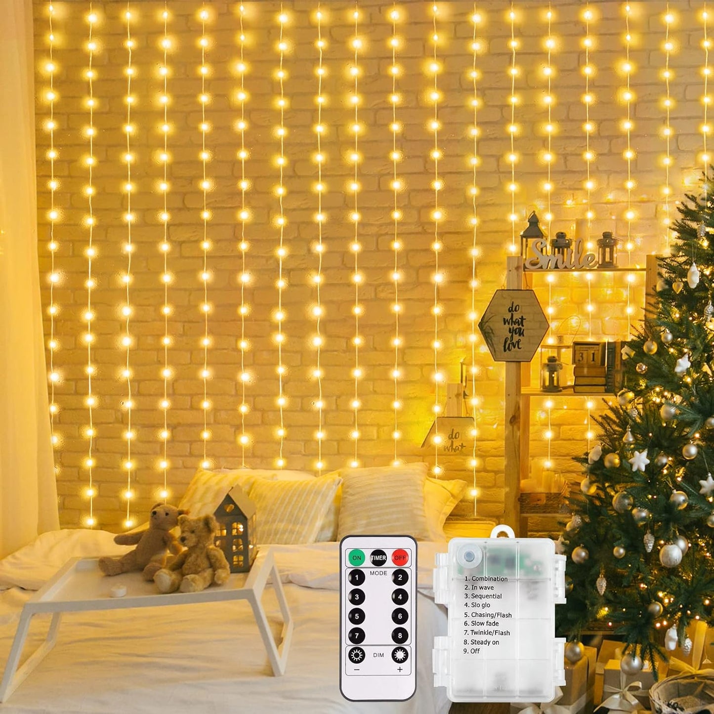 200 LED Battery Curtain Lights with Remote - Timer, Waterproof, Warm White