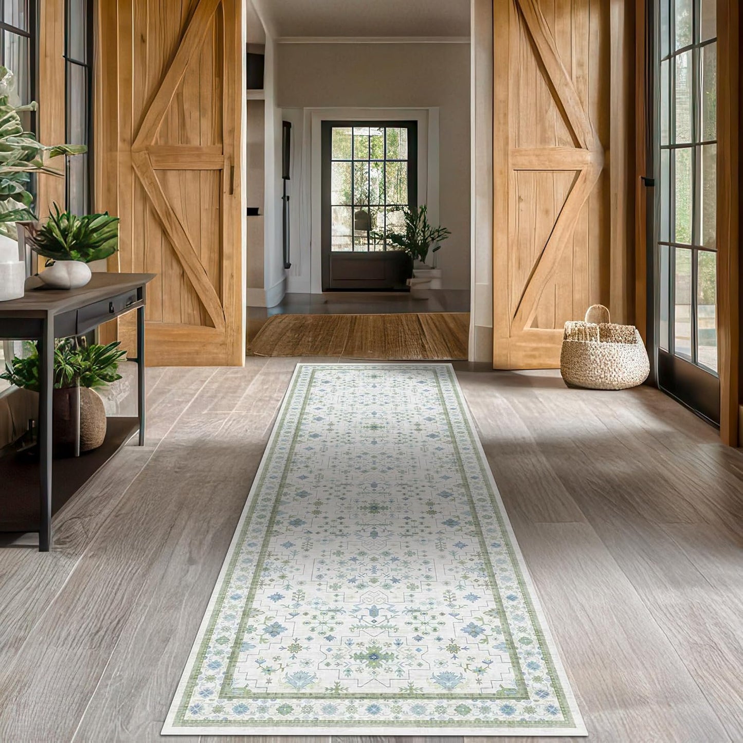 Oushak Wide Hallway Runner Rug - Vintage Turkish Floral Design